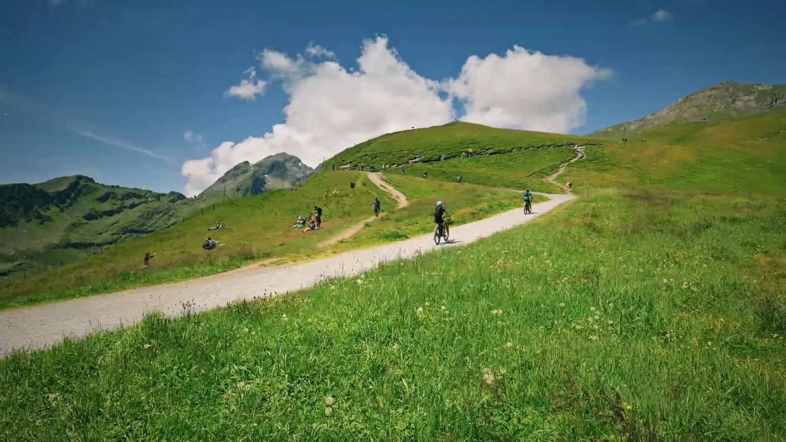 A gravel path winding over an Alpine meadow, with walkers and cyclists.